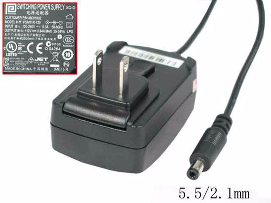 PHIHONG PSM11R-120 AC Adapter 5V-12V 12V 0.84A, Barrel 5.5/2.1mm, US 2-Pin Plug, New