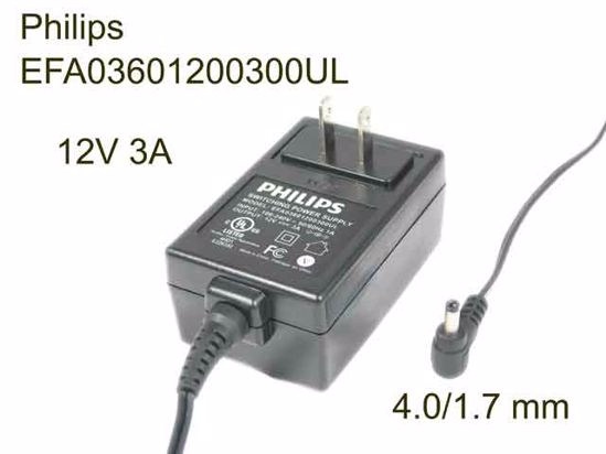 Philips Common Item (Philips) AC Adapter 5V-12V 12V 3A, Barrel 4.0/1.7 mm, US 2-Pin Plug