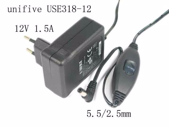 unifive USE318-12 AC Adapter 5V-12V 12V 1.5A, 5.5/2.5mm, EU 2P