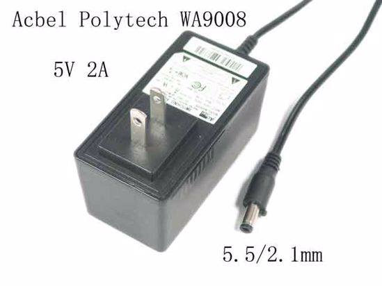 Acbel Polytech WA9008 AC Adapter 5V-12V WA9008, 5V 2A, 5.5/2.1mm, US 2-Pin Plug, New