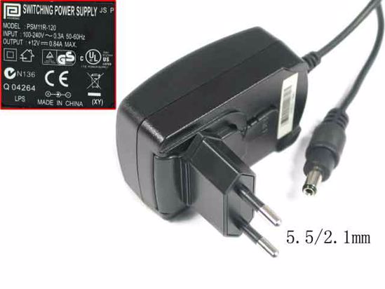 PHIHONG PSM11R-120 AC Adapter 5V-12V 12V 0.84A, Barrel 5.5/2.1mm, EU 2-Pin Plug