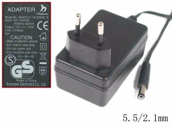 Other Brands ADAPTER AC Adapter 5V-12V 12V 1.25A, Barrel 5.5/2.1mm, EU 2-Pin Plug