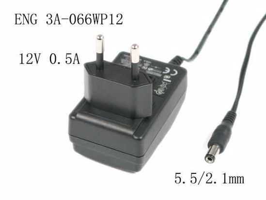 ENG 3A-066WP12 AC Adapter 5V-12V 12V 0.5A, Barrel 5.5/2.1mm, EU 2-Pin Plug, 3A-066W