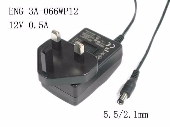 ENG 3A-066WP12 AC Adapter 5V-12V 12V 0.5A, Barrel 5.5/2.1mm, UK 3-Pin Plug, 3A-066W