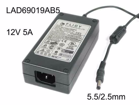 Other Brands FLIDY AC Adapter 5V-12V 12V 5A, Barrel 5.5/2.5mm, IEC C14, LAD69019AB5