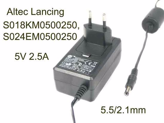 Altec Lancing S018KM0500250 AC Adapter 5V-12V 5V 2.5A, 5.5/2.1mm, EU 2P Plug, New