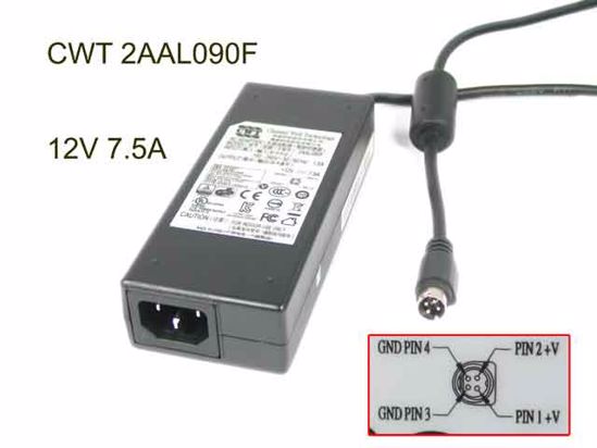 CWT / Channel Well Technology 2AAL090F AC Adapter 5V-12V 12V 7.5A, 4P P1 4=V