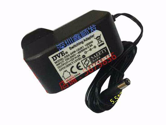 DVE DSA-24W-12UK1 AC Adapter 5V-12V 12V 2A, 5.5/2.1mm, UK 3P Plug, New