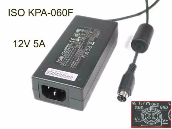 ISO KPA-060F AC Adapter 5V-12V 12V 5A, 4P P1 4=V