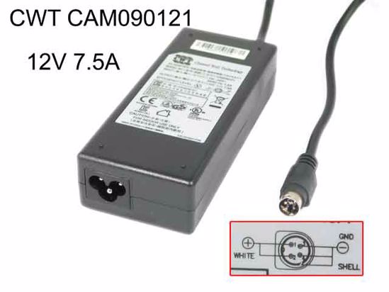 CWT / Channel Well Technology CAM090121 AC Adapter 5V-12V 12V 7.5A, 4-Pin Din, 3-Prong