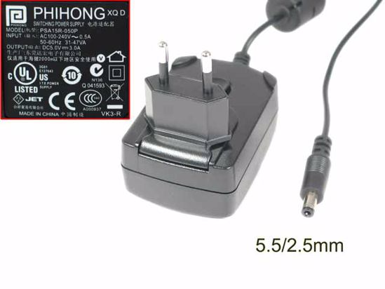 PHIHONG PSA15R-050P AC Adapter 5V-12V 5V 3A, 5.5/2.5mm, EU 2P Plug, New