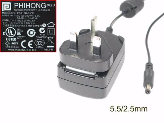 PHIHONG PSA15R-050P AC Adapter 5V-12V 5V 3A, 5.5/2.5mm, UK 3P Plug, New