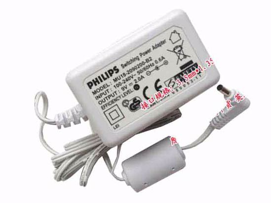 Philips MU18-2090200-B2 AC Adapter 5V-12V 9V 2A, 3.5/1.35mm, UK 3P Plug, White