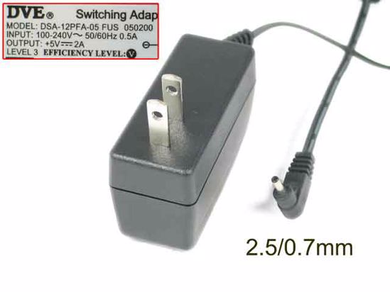 DVE DSA-12PFA-05 AC Adapter 5V-12V 5V 2A, Barrel 2.5/0.7mm, US 2-Pin Plug