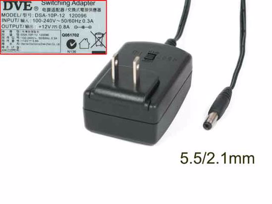 DVE DSA-10P-12 AC Adapter 5V-12V 12V 0.8A, Barrel 5.5/2.1mm, US 2-Pin Plug