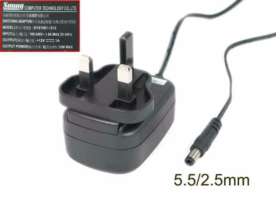 Sunny SYS1561-1212 AC Adapter 5V-12V 12V 1A, Barrel 5.5/2.5mm, UK 3-Pin Plug