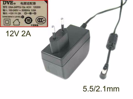 DVE DSA-24PFG-12 AC Adapter 5V-12V 12V 2A 5.5/2.1MM, EU 2-Pin Plug, New