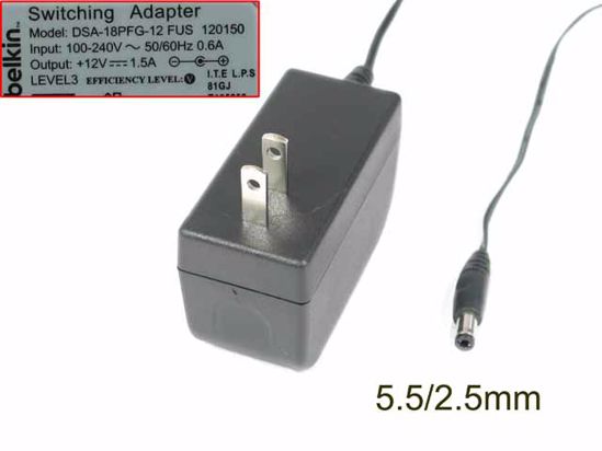 DVE DSA-18PFG-12 AC Adapter 5V-12V 12V 1.5A, 5.5/2.5mm, US 2P, NEW