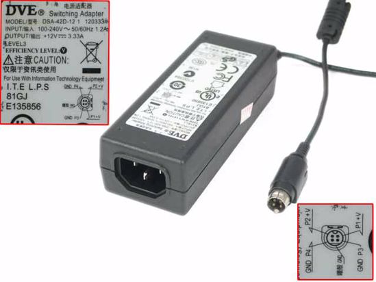 DVE DSA-42D-12 AC Adapter 5V-12V 12V 3.33A, 4P P1 4=V