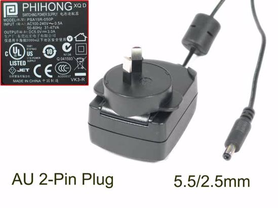 PHIHONG PSA15R-050 AC Adapter 5V-12V 5V 3A, 5.5/2.5mm, AU 2P Plug, New