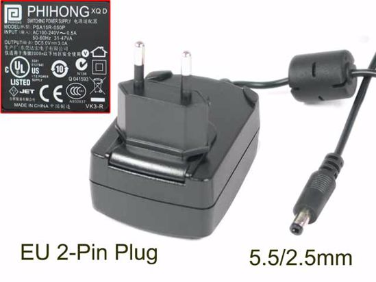 PHIHONG PSA15R-050 AC Adapter 5V-12V 5V 3A, 5.5/2.5mm, EU 2P Plug, New