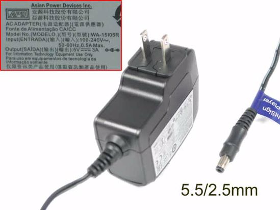 APD / Asian Power Devices WA-15I05R AC Adapter 5V-12V 5V 3.0A, Barrel 5.5/2.5mm, US 2-Pi