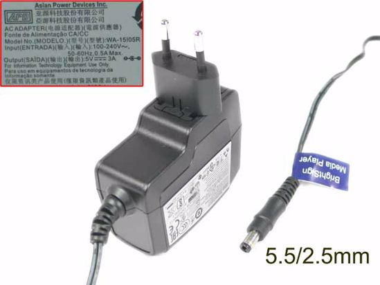 APD / Asian Power Devices WA-15I05R AC Adapter 5V-12V 5V 3.0A, Barrel 5.5/2.5mm, EU 2-Pi