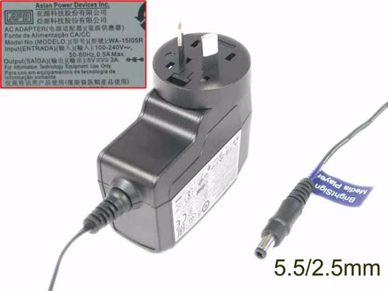 APD / Asian Power Devices WA-15I05R AC Adapter 5V-12V 5V 3.0A, Barrel 5.5/2.5mm, AU 2-Pi