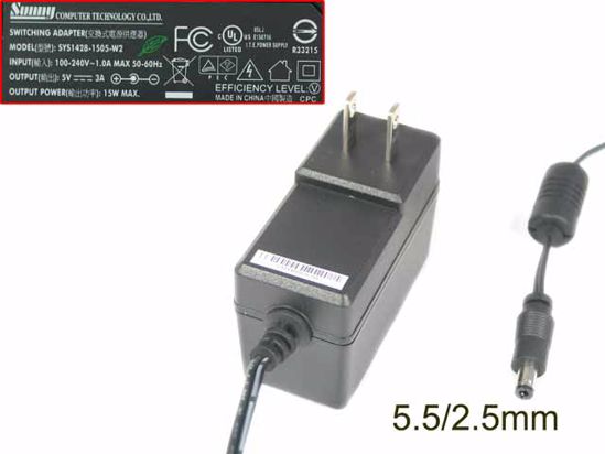 Sunny SYS1428-1505-W2 AC Adapter 5V-12V 5V 3A, 5.5/2.5mm, US 2P