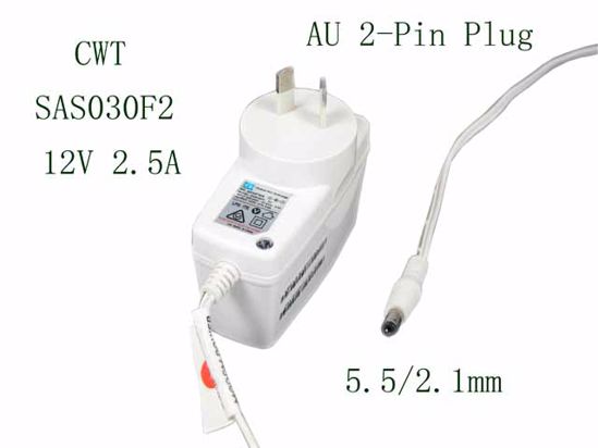 CWT / Channel Well Technology SAS030F2 AC Adapter 5V-12V 12V 2.5A, 5.5/2.1mm, AU 2P Plug