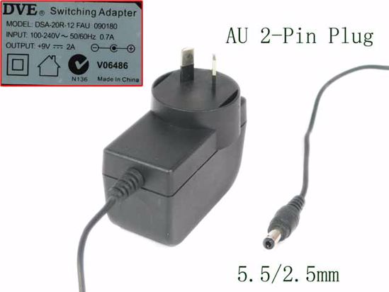 DVE DSA-20R-12 AC Adapter 5V-12V 9V 2A, 5.5/2.5mm, AU 2P Plug, New