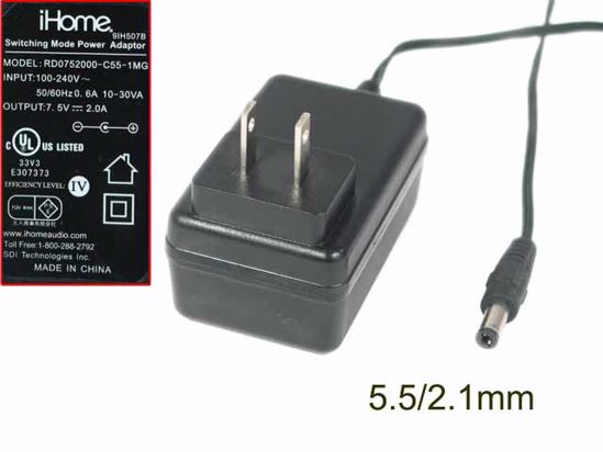 iHome RD0752000-C55-1MG AC Adapter 5V-12V 7.5V 2.0A, Barrel 5.5/2.1mm, US 2-Pin Plug