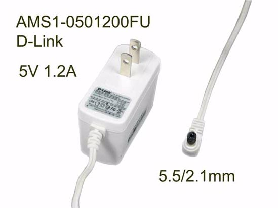 D-Link AMS1-0501200FU AC Adapter 5V-12V 5V 1.2A, 5.5/2.1mm, US 2P Plug, White