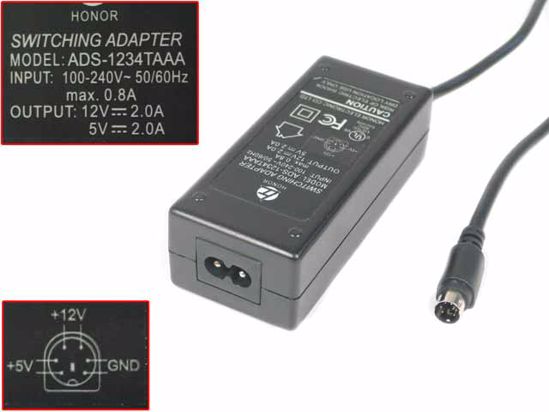 Honor ADS-1234TAAA AC Adapter 5V-12V 12V 2A,5V 2A, 6P P1 2=5V P3 4=12V, 2P, New