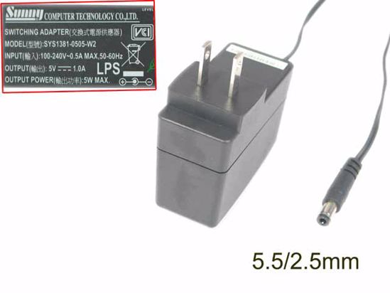 Sunny SYS1196-0605-W2 AC Adapter 5V-12V 5V 1A, 5.5/2.5mm, US 2P Plug