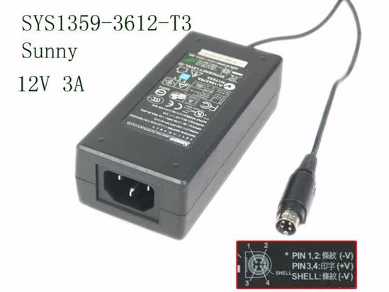 Sunny SYS1359-3612-T3 AC Adapter 5V-12V 12V 3A, 4P P3 4=V