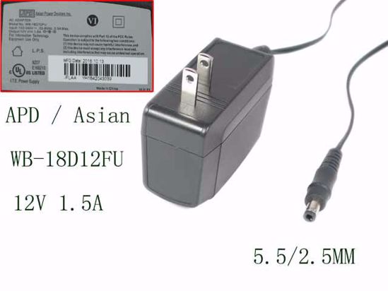 APD / Asian Power Devices WB-18D12FU, WB-18D12FN AC Adapter 5V-12V 12V 1.5A 5.5/2.5MM,