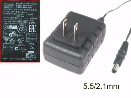 APD / Asian Power Devices WA-24Q12R AC Adapter 5V-12V 12V 2.0A, Barrel 5.5/2.1mm, US 2-P