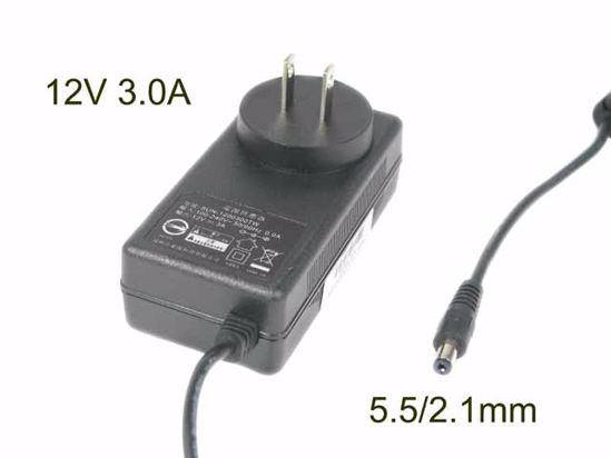 Other Brands SUN-1200300 AC Adapter 5V-12V 12V 3.0A, Barrel 5.5/2.1mm, US 2-Pin Plug