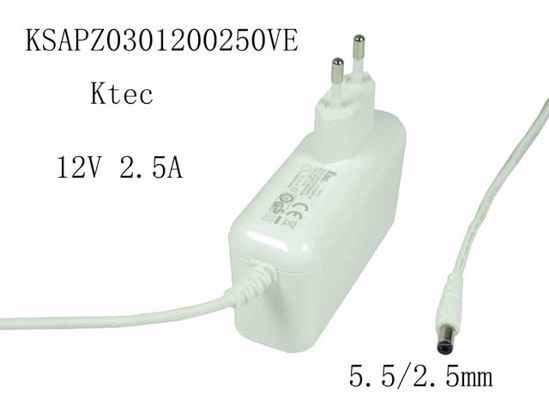 Ktec KSAPZ0301200250VE AC Adapter 5V-12V 12V 2.5A, 5.5/2.5mm, EU 2P Plug, New,