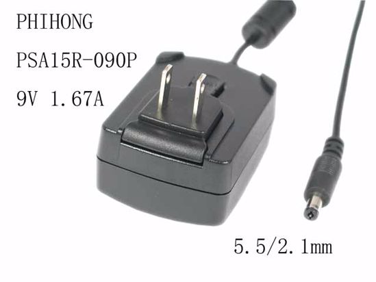 PHIHONG PSA15R-090P AC Adapter 5V-12V 9V 1.67A, 5.5/2.1mm, US 2P Plug, New