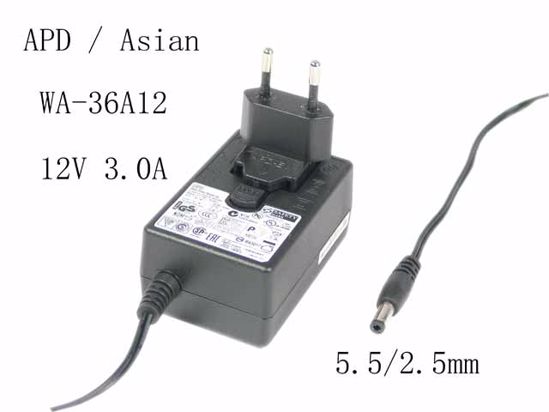 APD / Asian Power Devices WA-36A12 AC Adapter 5V-12V 12V 3.0A, Barrel 5.5/2.5mm, EU 2-Pi