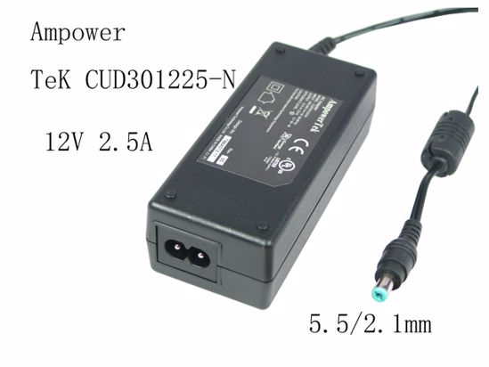 Ampower TeK CUD301225-N AC Adapter 5V-12V 12V 2.5A, Barrel 5.5/2.1mm, 2-Prong, New