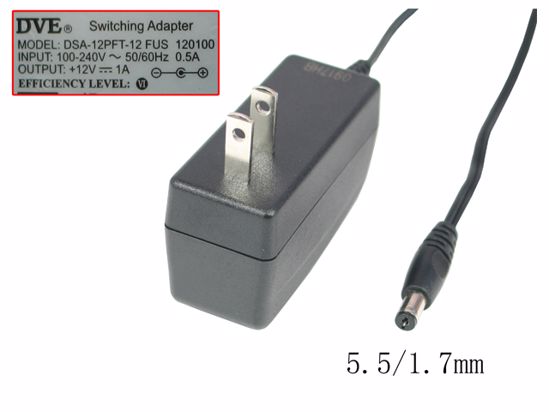 DVE DSA-12PFT-12 AC Adapter 5V-12V 12V 1.0A, 5.5/1.7mm, US 2P