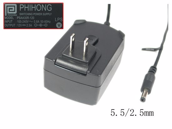 PHIHONG PSAA30R-120 AC Adapter 5V-12V 12V 2.5A, 5.5/2.5mm, US 2P Plug, New