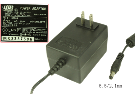 Other Brands yhi AC Adapter 5V-12V 12V 1.25A, 5.5/2.1mm, US 2-Pin,