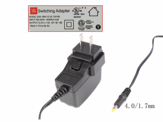 Other Brands JBL AC Adapter 5V-12V 12V 1.5A, 4.0/1.7mm, US 2P Plug, New