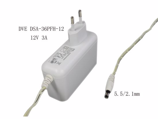 DVE DSA-36PFH-12 AC Adapter 5V-12V 12V 3A, 5.5/2.1mm, EU 2P Plug, White