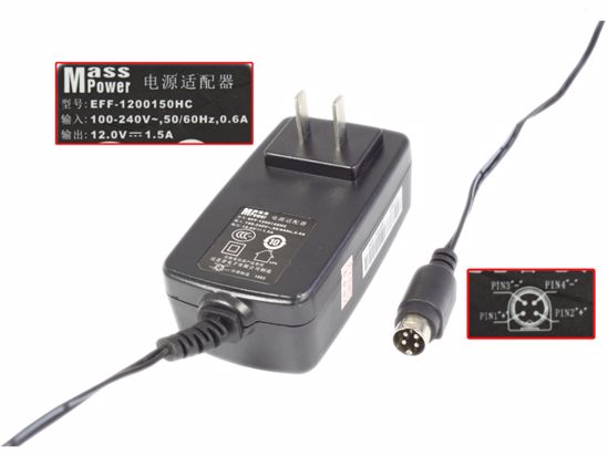 Mass Power EFF-1200150HC AC Adapter 5V-12V 12V 1.5A, 4-Pin Din, US 2P Plug