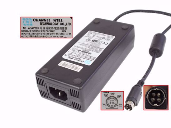 CWT / Channel Well Technology PAC080F AC Adapter 5V-12V 12V 6.66A, 4-Pin Din, C14, New